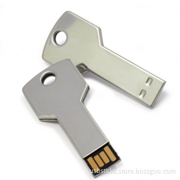 Chrome steel usb key shaped slim flash disk with free laser